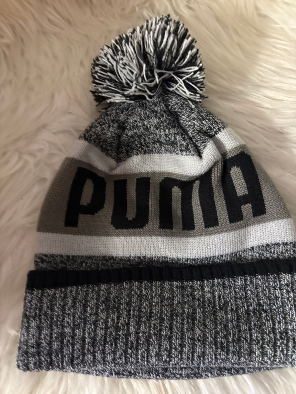 PUMA Kids Black, Gray & White Pom-Pom Knit Beanie
